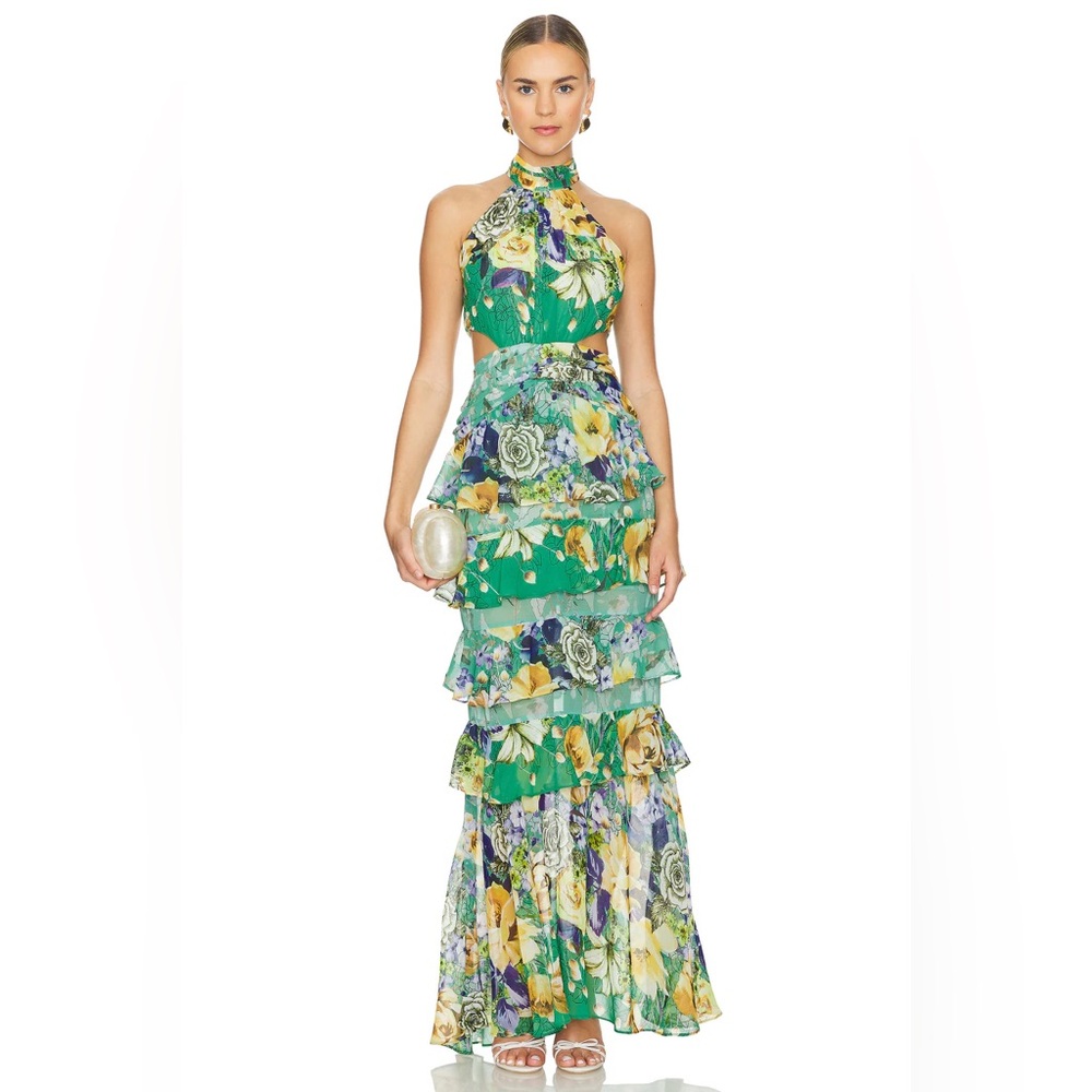Elliatt Green Floral Ruffle Maxi Dress